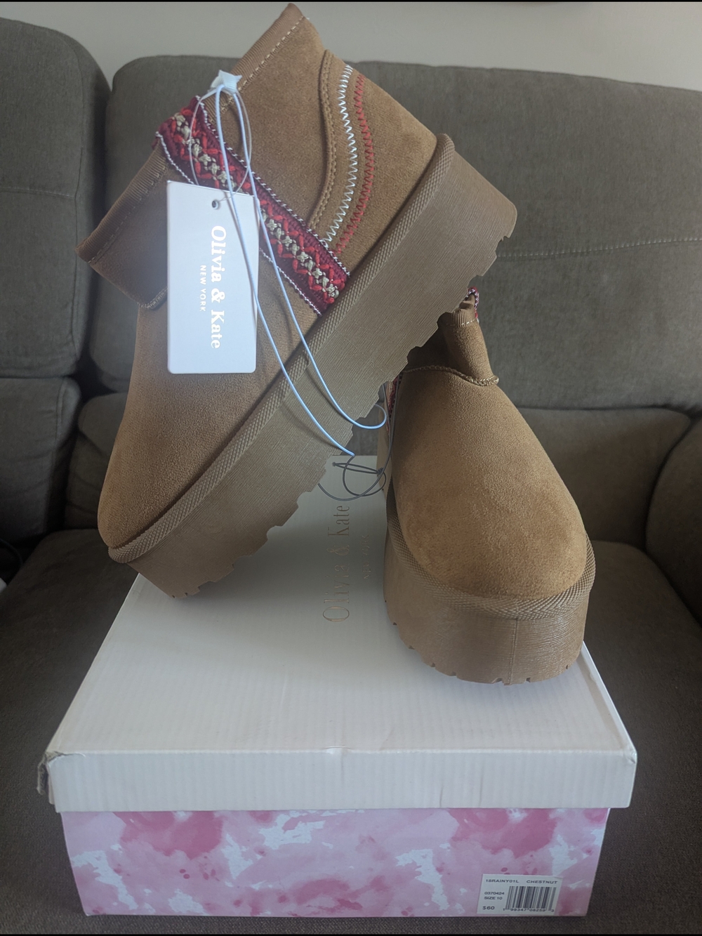 Olivia & Kate Tan Platform Ankle Boots with Braided Accent